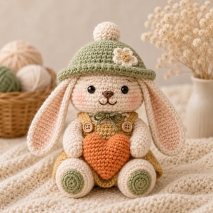 Puede incluir: Un juguete de conejo de peluche tejido a ganchillo que lleva un sombrero verde con una flor blanca y un pompón, y un overol amarillo con botones de madera. El conejo tiene orejas largas, mejillas rosadas y sostiene un corazón naranja.