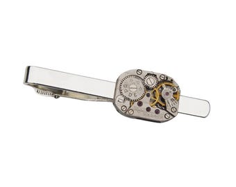 Clip de corbata con movimiento de reloj genuino - Regalo único hecho a mano - Caja de regalo - ¡En oferta!