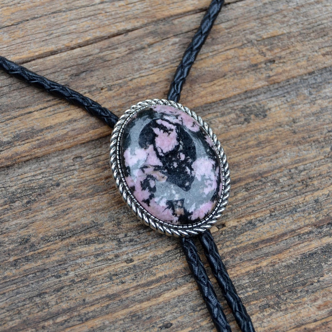 Black Line Matrix Rhodonite Bolo Tie - Customizable Cord Color, Tips ...