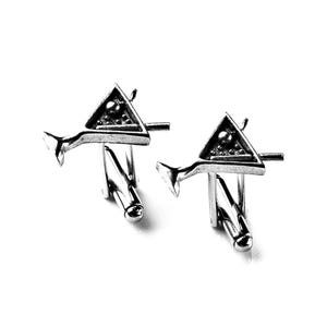 May include: A pair of silver cufflinks featuring a triangular design with a textured surface and a small ball in the center. The cufflinks have a martini glass shape and a polished finish.