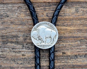 Genuine Buffalo (Indian head) Coin Bolo Tie - Customizable Cord Color, Tips and Length - Unique Handmade Gift - Gift Boxed - On Sale!