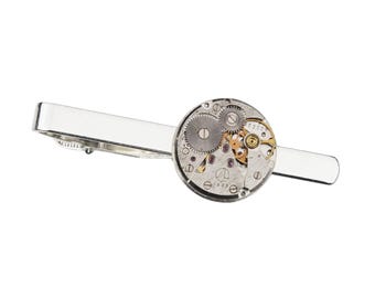 Clip de corbata con movimiento de reloj genuino - Regalo único hecho a mano - Caja de regalo - ¡En oferta!