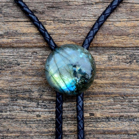 Labradorite Bolo Tie - Customizable Cord Color, Tips and Length for Men - Ready to Gift