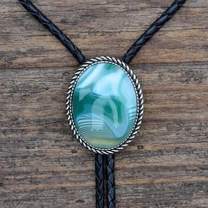 Green Banded Agate Bolo Tie - Customizable Cord Color, Tips and Length - Unique Handmade Gift - Gift Boxed - On Sale!