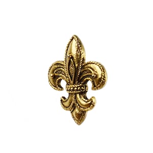 Pode incluir: Um pingente dourado em forma de flor-de-lis com detalhes intrincados. O pingente é feito de metal e tem uma superfície texturizada.