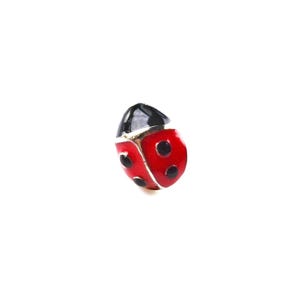 May include: A small, red ladybug charm with black spots and a black head. The charm is made of metal and has a shiny finish.