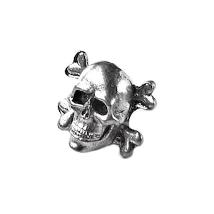 Może przedstawiać: Srebrny emblemat czaszki i skrzyżowanych piszczeli. Czaszka ma szczegółowe cechy, w tym oczodoły, jamę nosową i zęby. Skrzyżowane piszczele znajdują się za czaszką, tworząc klasyczną estetykę piracką lub gotycką.