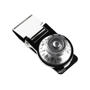 May include: A silver money clip with a round, rotating dial featuring numbers 0 through 10. The dial is clear and has a black background.