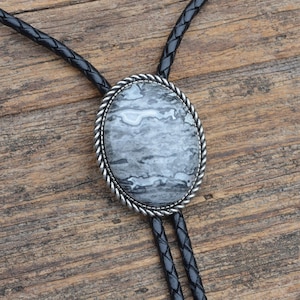 Black and Grey Lace Agate Bolo Tie - Customizable Cord Color, Tips and Length - Unique Handmade Gift