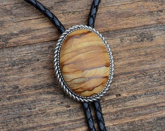 Picture Jasper Bolo Tie - Customizable Cord Color, Tips and Length - Unique Handmade Gift - Gift Boxed - On Sale!