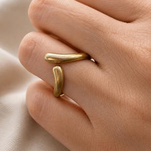 Può includere: Un anello color oro dal design aperto, caratterizzato da due segmenti metallici lisci, arrotondati e allungati che si curvano attorno al dito. Il metallo presenta una finitura opaca e spazzolata, creando una lucentezza morbida sul gioiello.