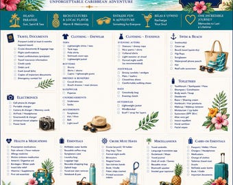 May include: A Project Paradise Travel Caribbean Cruise packing checklist featuring a cruise ship illustration, tropical flowers, and categorized lists for travel documents, clothing, electronics, health, essentials, and cruise must-haves.