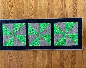 Modern Look Pinwheel Table Runner #3 in Green and Black