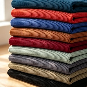 May include: A stack of ten folded jumpers featuring a ribbed knit texture. The colours from top to bottom are teal, orange, blue, brown, dark red, light green, dark grey, tan, and black. Each garment is neatly layered to display the consistent pattern.