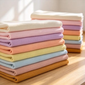 Op de afbeelding: Een stapel gevouwen geribbelde stoffen in diverse pastel- en warme kleuren, waaronder crème, lichtroze, lavendel, perzik, lichtgeel, lichtblauw en mosterdgeel, gerangschikt in twee afzonderlijke stapels op een vlakke ondergrond.