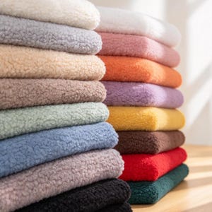 Könnte beinhalten: Ein Stapel gefalteter Stoffquadrate mit einer strukturierten, sherpaartigen Fleece-Oberfläche. Die Kollektion umfasst eine Vielzahl von Volltonfarben, darunter Weiß, Grau, Beige, Hellbraun, Hellgrün, Blau, Lavendel, Gelb, Braun, Rot, Orange, Rosa und Schwarz.