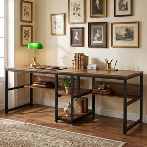 Pode incluir: Uma secretária retangular comprida com superfície de madeira escura e estrutura de metal preto. A secretária possui prateleiras inferiores integradas, um candeeiro de banqueiro verde, vários livros empilhados, uma planta pequena e um jarro de cerâmica.