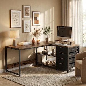 Stylish 59" Reversible L-Shaped Computer Desk with 4 Drawers, Spacious Corner Office Desk with Shelves