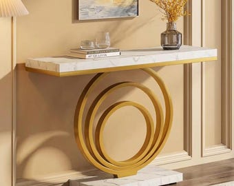 41 Inch Gold Console Table, Narrow Entryway Furniture with Faux Marble Top, Modern Geometric Accent