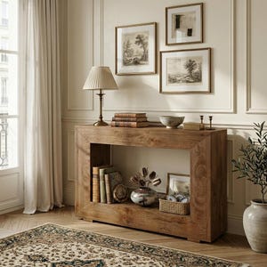 Op de afbeelding: Een rechthoekige houten sidetable met een dik frame en een open middenplank. De tafel bevat een geplooide lamp, gestapelde boeken, een keramische kom, een decoratieve vaas met gedroogde takken en een klein gevlochten mandje met stenen.