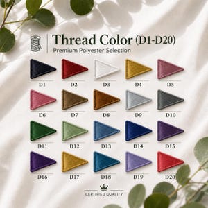 May include: A colour chart titled Thread Color (D1-D20) Premium Polyester Selection featuring twenty small triangles in various shades including black, red, white, gold, pink, brown, grey, green, blue, and purple, each labelled with a code.