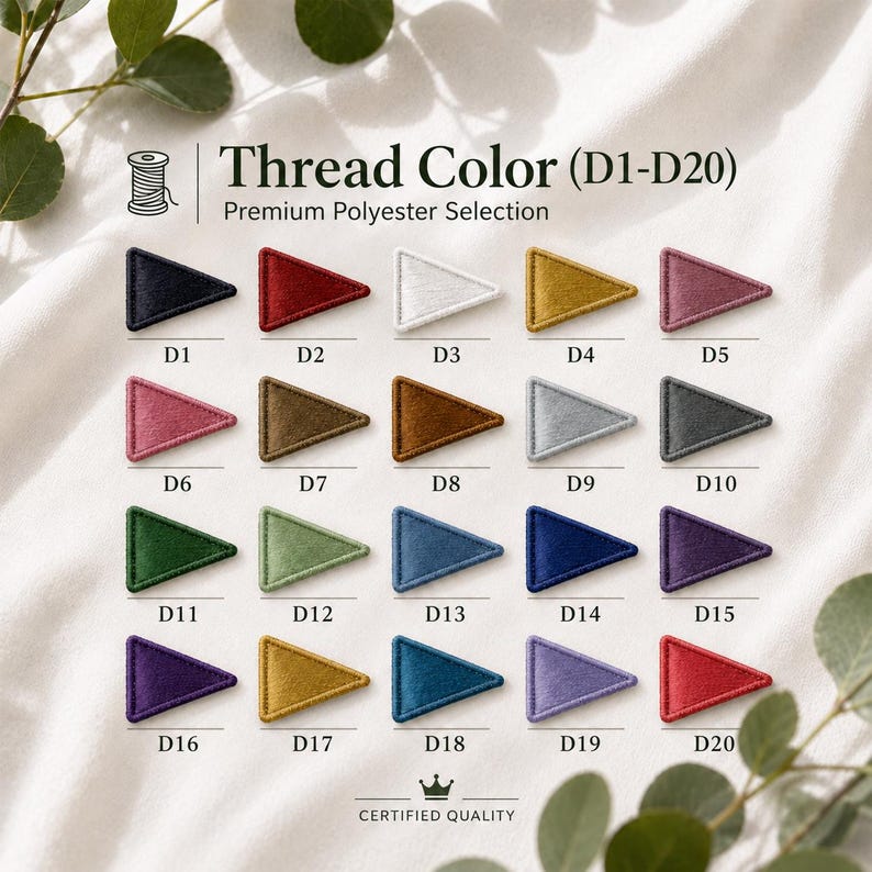 May include: A colour chart titled Thread Color (D1-D20) Premium Polyester Selection featuring twenty small triangles in various shades including black, red, white, gold, pink, brown, grey, green, blue, and purple, each labelled with a code.