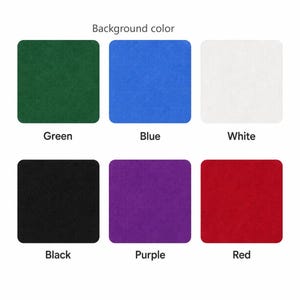 May include: A grid of six square colour swatches labelled Background colour, featuring green, blue, white, black, purple, and red squares. Each square displays a solid, uniform colour with rounded corners, presented in two rows of three.