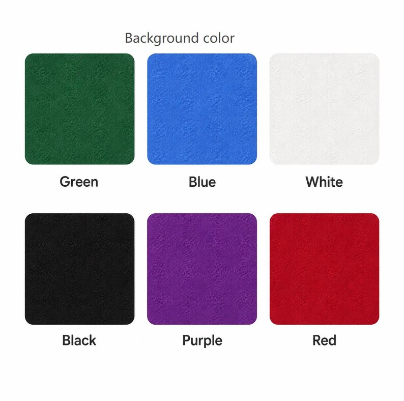 May include: A grid of six square colour swatches labelled Background colour, featuring green, blue, white, black, purple, and red squares. Each square displays a solid, uniform colour with rounded corners, presented in two rows of three.