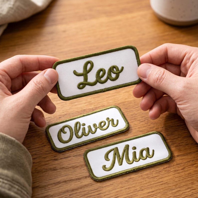 May include: Three rectangular embroidered patches with white fabric centres and olive green stitched borders. Each patch features a name embroidered in olive green cursive script: Leo, Oliver, and Mia. The patches have rounded corners.