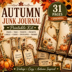 May include: An autumn junk journal printable kit featuring 31 pages and ephemera. The collection includes lined pages, tags, tickets, pockets, labels, cards, envelopes, and frames decorated with sunflowers, pumpkins, and fall leaves in warm tones.