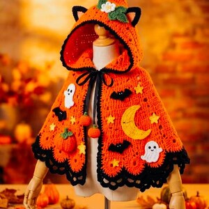 Halloween Pumpkin Hooded Crochet Cape Pattern, Spooky Poncho PDF, Pumpkin Costume, Cute Ghost Bat Cape, Kids Halloween Crochet Pattern