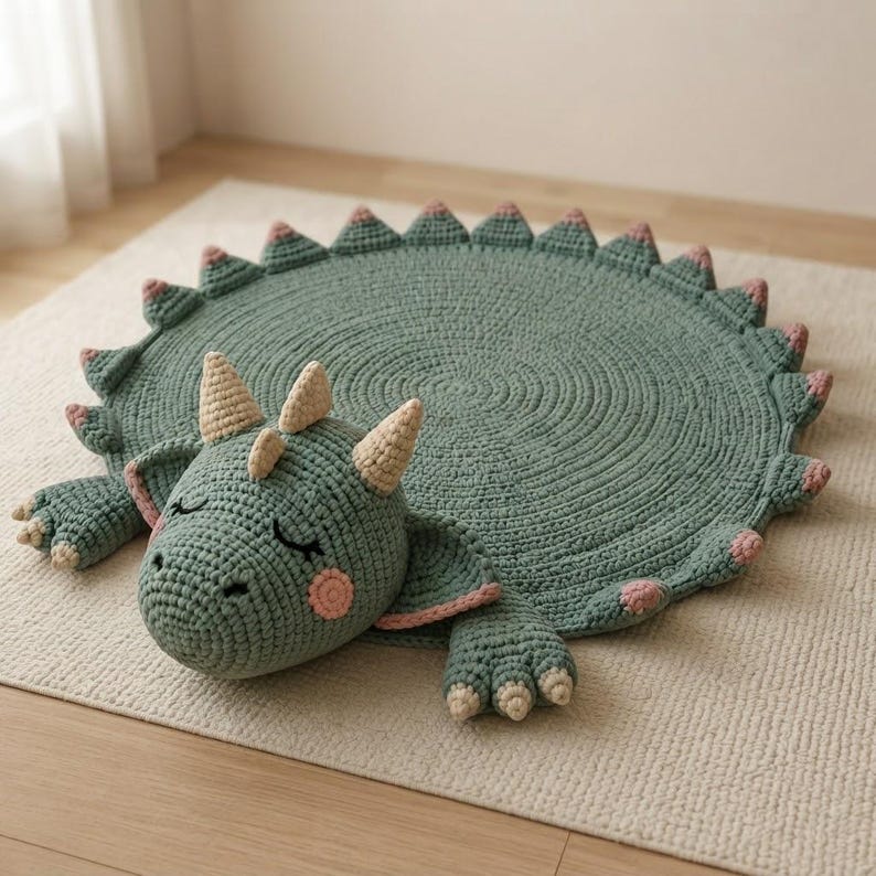 May include: A round, sage green crocheted rug shaped like a sleeping dinosaur. The rug features a textured circular body with a row of small, pink-tipped triangular spikes along the edge, a stuffed dinosaur head with beige horns, and two front paws.