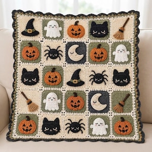 Halloween Crochet Blanket Pattern, Granny Square Throw with Pumpkin Ghost Cat Spider Witch, Spooky Fall Decor PDF Pattern