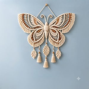 May include: A macrame wall hanging shaped like a butterfly, crafted from cream and brown cotton cord. The design features intricate knotted patterns, wooden beads, and five dangling leaf-shaped fringe elements with tassels hanging from the bottom.
