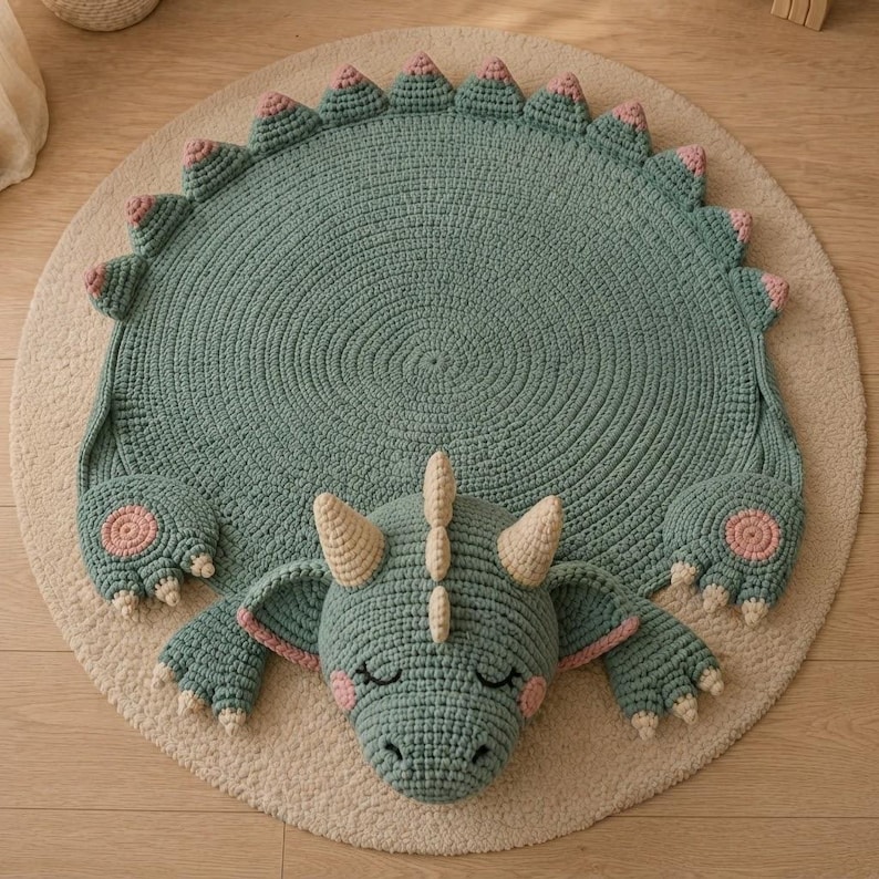 May include: A round, sage green crocheted rug shaped like a dragon. The rug features a textured body with a row of triangular spikes along the edge, two front paws with pink circular pads, and a central dragon head with cream-coloured horns.