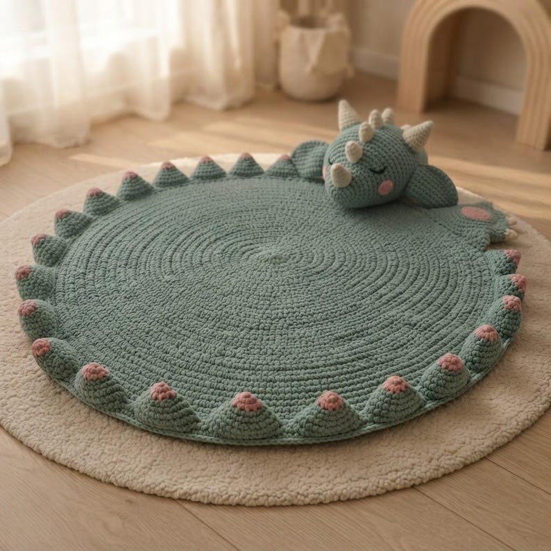 May include: A round, sage green crocheted rug featuring a three-dimensional dragon head with closed eyes, small horns, and pink cheeks. The perimeter of the rug is decorated with a series of small, pointed, sage green spikes with pink tips.