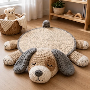 May include: A circular crochet rug shaped like a sleeping dog with a cream-coloured centre, tan accents, and dark grey ears, tail, and nose. The dog features closed eyes and a stitched mouth, with four paws extending from the sides of the round body.