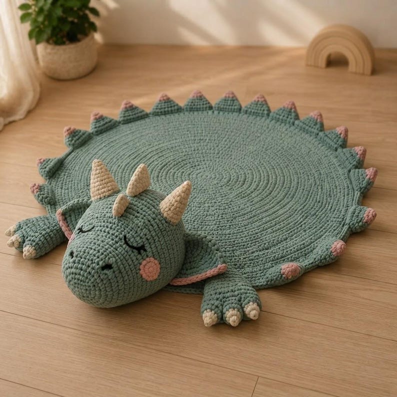 May include: A round, sage green crocheted rug shaped like a sleeping dragon. The rug features a textured, circular body with soft pink spikes along the edge, a plush dragon head with cream-coloured horns, closed eyes, and pink cheeks.