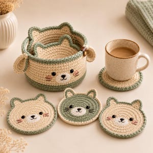 May include: A round crochet basket with cat ears and a face, accompanied by three matching cat-shaped coasters. The set features a color palette of cream and sage green. One coaster sits under a speckled ceramic mug filled with a brown beverage.