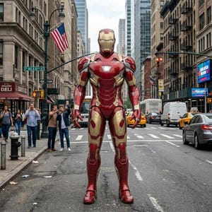 Könnte beinhalten: Ein Ganzkörper-Iron-Man-Anzug in metallischem Rot und Gold mit einem leuchtend weißen Arc-Reaktor auf der Brust. Der Anzug steht inmitten einer belebten Straßenkreuzung in New York City mit städtischen Gebäuden und Verkehr.