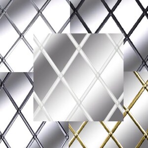 May include: A collage of five square panels featuring a diamond-shaped lattice pattern. The grid lines appear in various finishes including polished silver, matte black, dark charcoal, and brushed gold, all set against a reflective mirror surface.