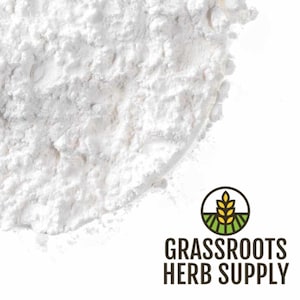 May include: A close-up of a white powder, likely cornstarch or baking powder, with a logo for Grassroots Herb Supply in the bottom right corner.