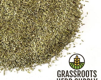 May include: Close-up of a pile of dried rosemary leaves. The leaves are a light green color and have a slightly rough texture. The rosemary is a popular herb used in cooking and for its medicinal properties.