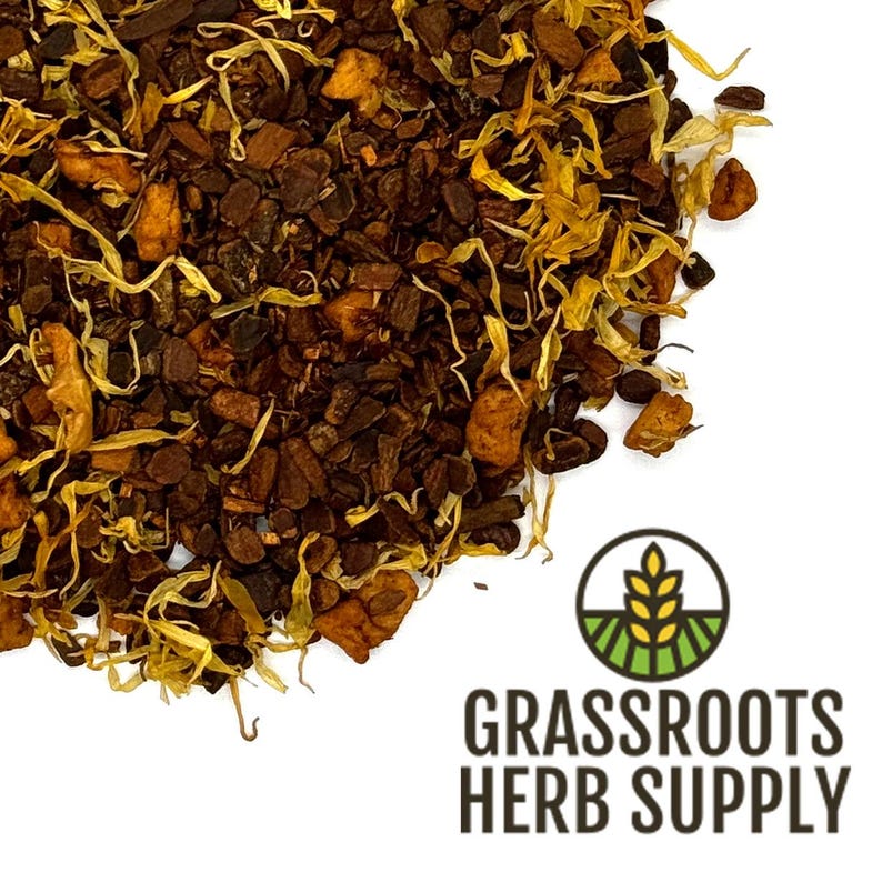 May include: Close-up of a blend of dried herbs and botanicals, featuring a mix of brown, orange, and yellow hues. The image includes pieces of dried bark, petals, and other plant matter. The logo for Grassroots Herb Supply is visible in the lower right corner.