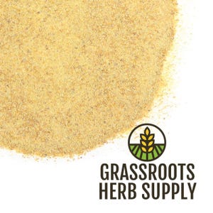 May include: Close-up of a pile of light brown powder, possibly a spice or herb. The image includes the logo for Grassroots Herb Supply, featuring a wheat stalk over a green field.
