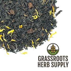 May include: Black tea blend with dried orange peel and black tea leaves.  The tea is loose leaf and is packaged in a clear bag.  The bag is labeled "Grassroots Herb Supply".