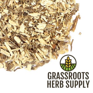 May include: Close-up of dried, light brown and tan, chopped burdock root. The root is a natural herb used for medicinal purposes.  The image is labeled "GRASSROOTS HERB SUPPLY".
