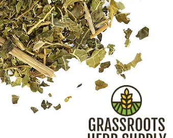 May include: Dried green leaves and stems of the herb, Andrographis paniculata, also known as the King of Bitters, for use in herbal remedies. The image includes the logo for Grassroots Herb Supply.