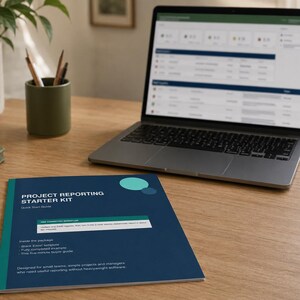 May include: A dark blue Project Reporting Starter Kit manual with teal accents and white text, positioned on a wooden surface next to an open laptop displaying a data dashboard, a green pencil holder with pens, and a green notebook.