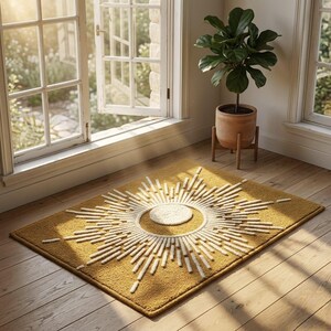 Mustard Sunburst Wool Rug, Handmade Tufted Area Rug, Ivory Radial Pattern, Boho Modern Decor